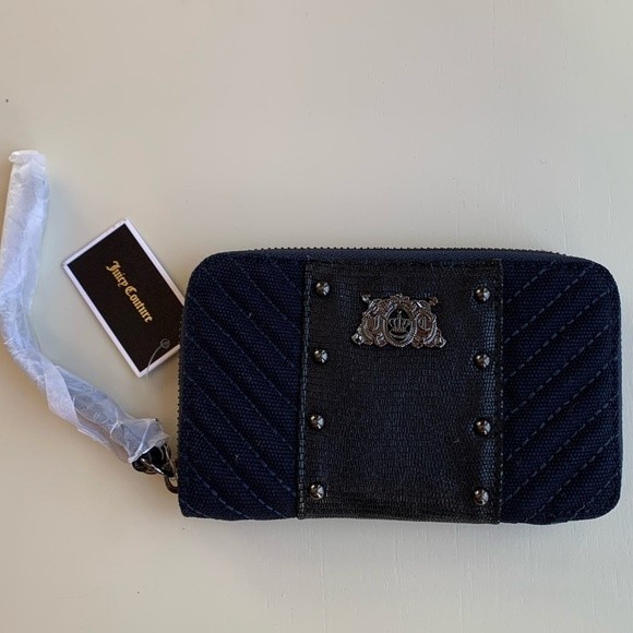 Juicy Couture Y2K Wristlet Quilted Studded Navy Blue Black Color Block Zipper - Picture 3 of 9